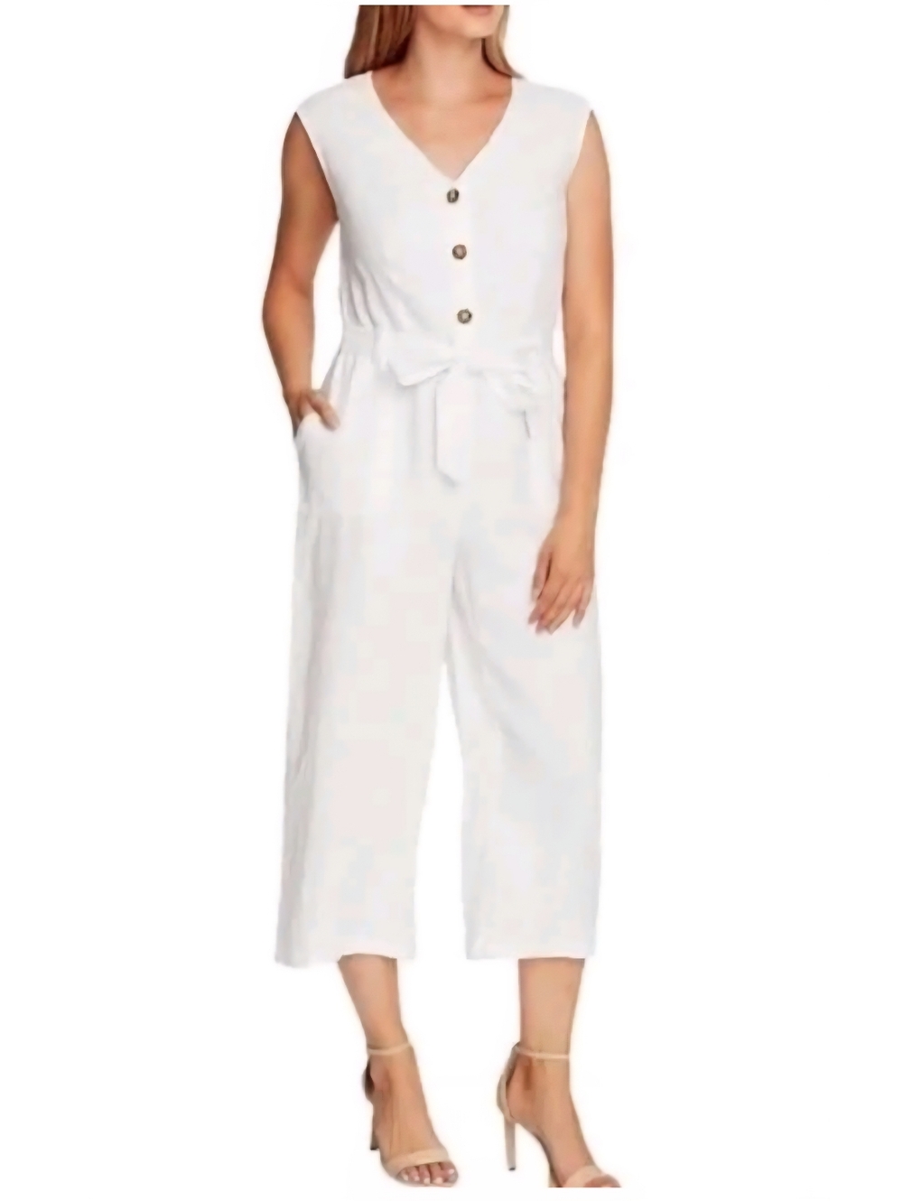 Vince Camuto White Linen Cropped Wide Leg Sleeveless Jumpsuit Size Large